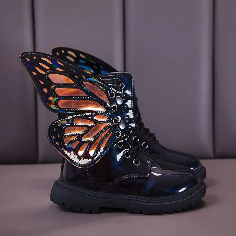 Kids Girls Ankle Boots Spring Autumn 2025 New Wing Glittering Silver Princess Style Trendy Short Boots