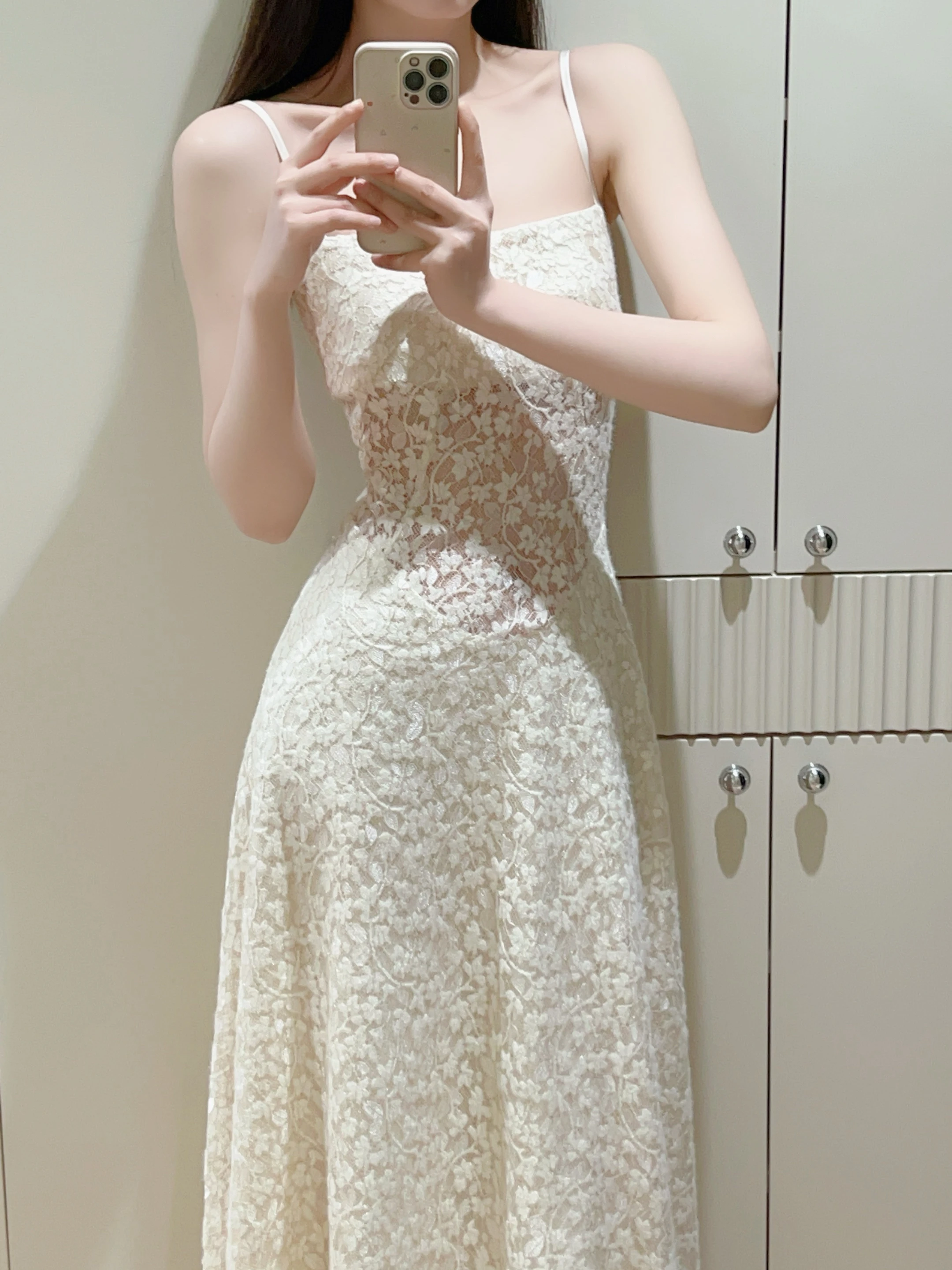 

Soft Cream Color Lace Strap Long Dress Women's High Waist Hollow out Backless Korean Style Gown for Banquet Evening Dress