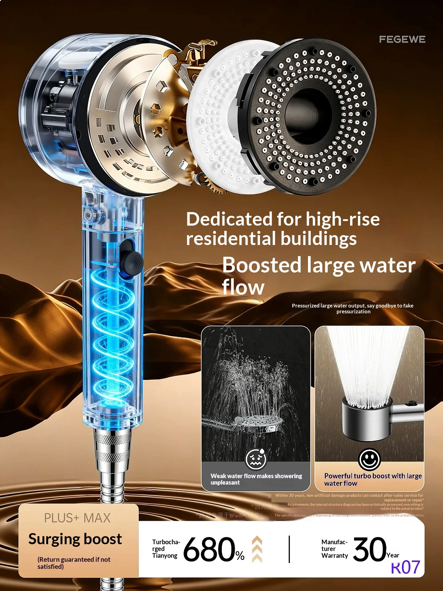 304 Stainless‑Steel High‑Pressure Rainfall Shower Head Set, Water‑Saving Nozzle for Bathroom Use