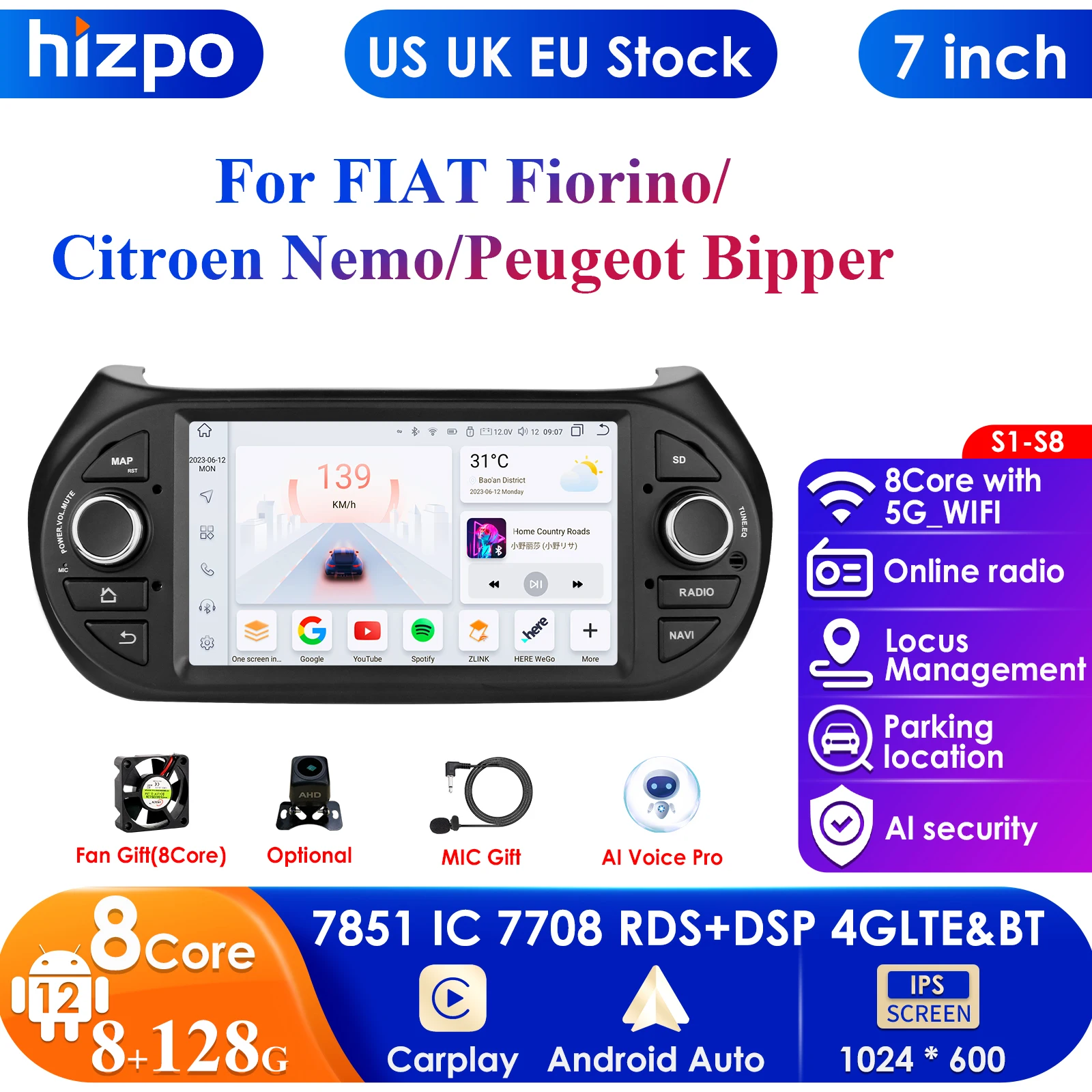 7'' 7862 AI 2din Android 13 Car Radio for Fiat Fiorino /Citroen Nemo / Peugeot Bipper GPS Multimedia Video Player Carplay 4G RDS