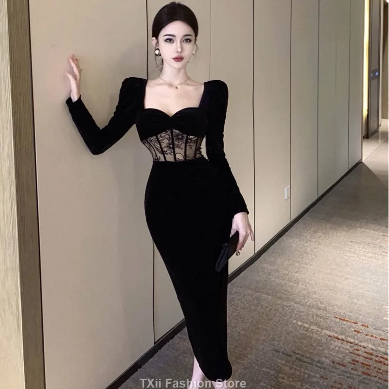 Women Elegant Black Velvet Sexy Party Dress French Vintage Lace Patchwork High Waist Long Dress Lady Long Sleeve Prom Dress