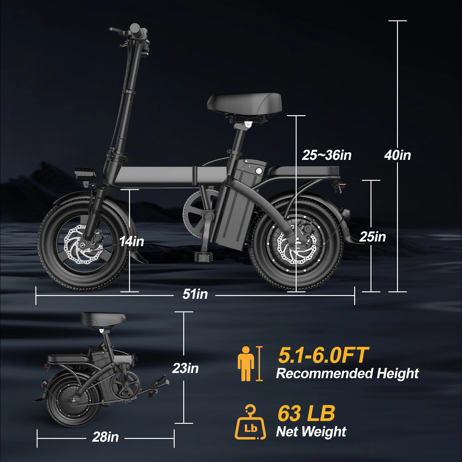 Składany motocykl elektryczny o mocy 500 W dla dorosłych, prędkość 19 mil/h, zasięg 30 mil, opony pneumatyczne 14 cali - konstrukcja