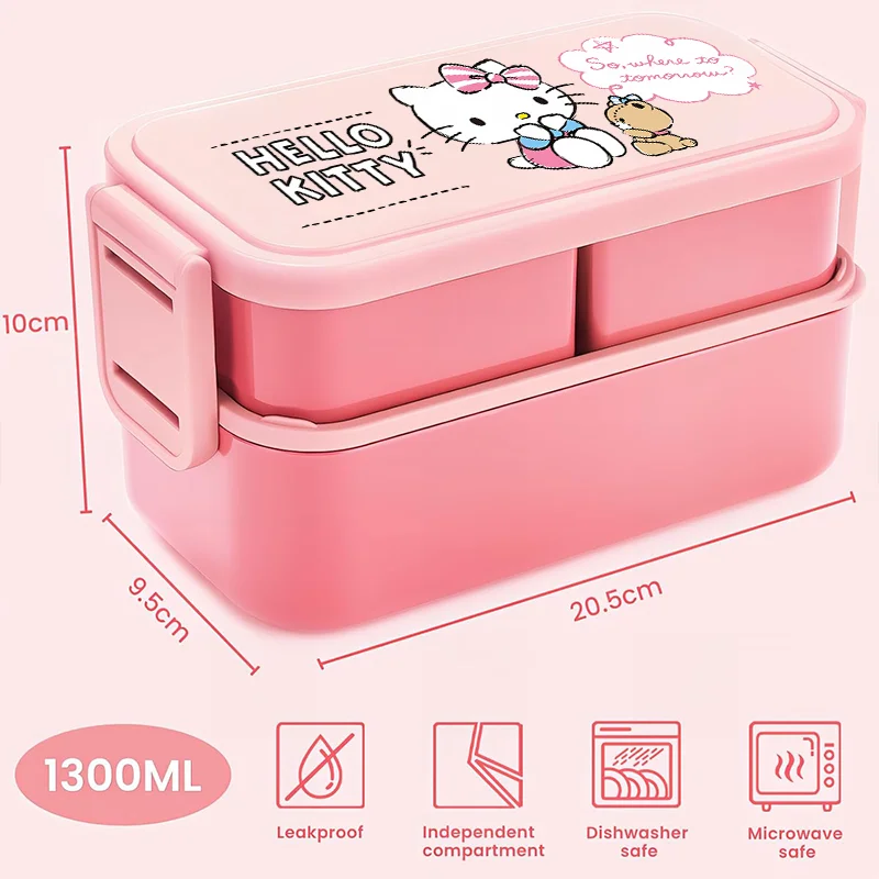 Fiambrera Sanrio Hello Kitty de 1,3 L, contenedor de comida de 2 capas con tenedor, cuchara, rectángulo, caja de almacenamiento de aperitivos para Picnic de alta capacidad, regalos