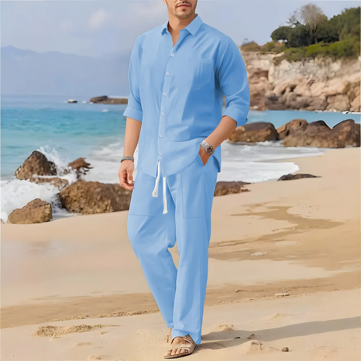 New men's retro cotton and linen casual suit with a collar, stylish pocket shirt, paired with drawstring pants and sports outfit