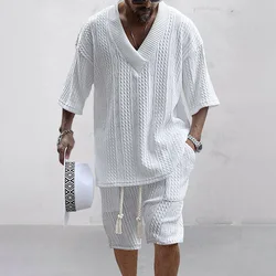 T-shirt à manches courtes et short jacquard pour hommes, ensemble de shorts décontractés, tenues d'été, vêtements à col en V, streetwear, 2 pièces, 2024