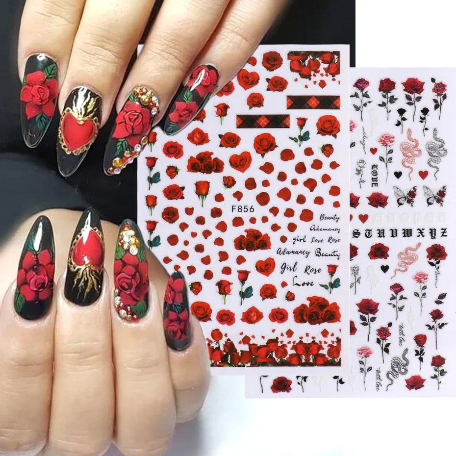 3D Rose Design Nail Art Stickers Sliders For Nails Design Butterfly Flowers Snake Self Adhesive Decals Manicure Wrap Decorations