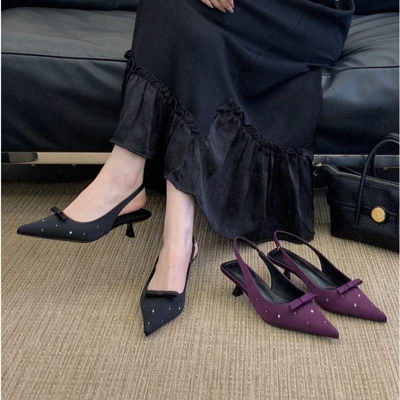 

Aneikeh Spring Summer Fashion Thin Low Heels Butterfly-knot Slingbacks Pointed Toe Pumps Woman Sandals Party Dress Shoes