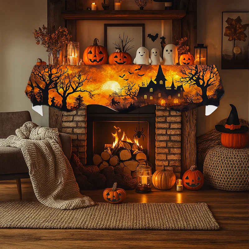 VIKAMA Halloween Fireplace Mantel Scarf Haunted House Bat Mantel Topper Spooky Fireplace Shelf Cover Fall Holiday Indoor Decor