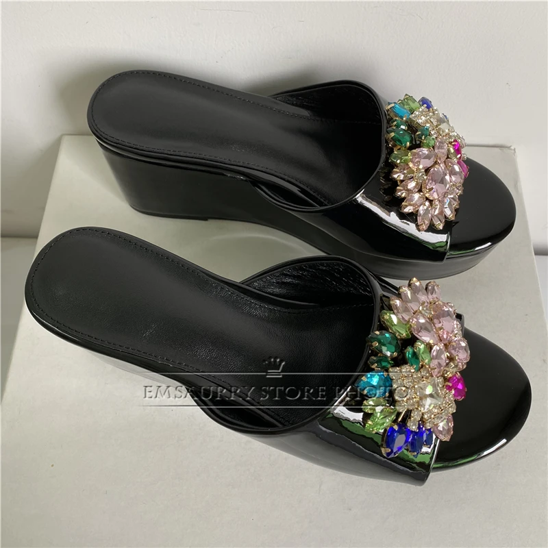 Colorful Rhinestone Flower Buckle Decor Sandals Women High Platform Wedges Luxury Patent Leather Slingbacks Mules Summer