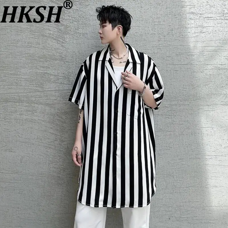 

HKSH Striped Short-Sleeve Shirt Trendy Casual Drapey Shirt Summer New Men Tide Korean Ins Streetwear Light Luxury Shirts HK22376