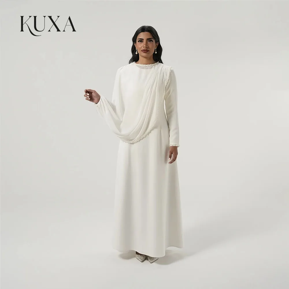KUXA Customized Modest Muslim Wedding Dresses Round Neck Long Sleeve Abaya Style Dress With Beaded Draped Shawl Bridal Gowns