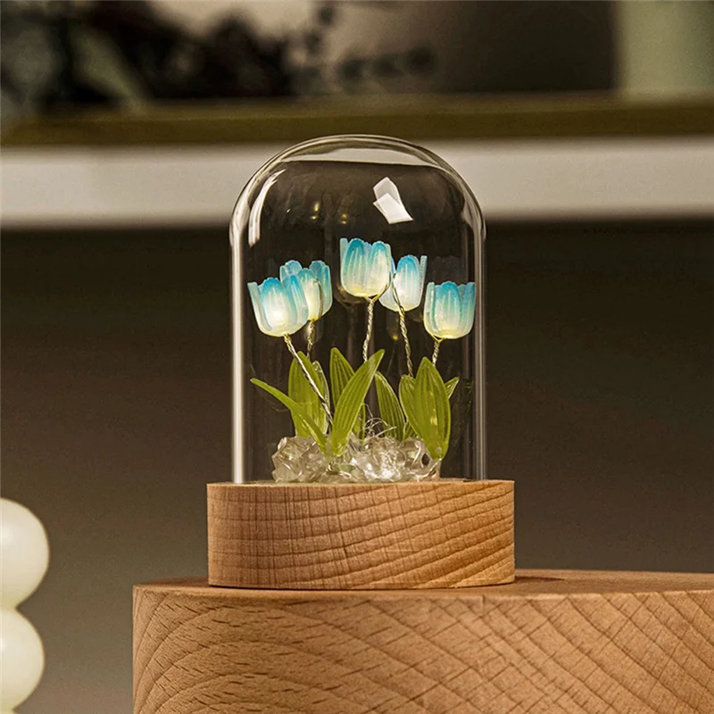 Tulip Night Light Handmade DIY Material Tulip Girl Living Room Night Light Desktop Light Romantic Ambient Lamp-Blue