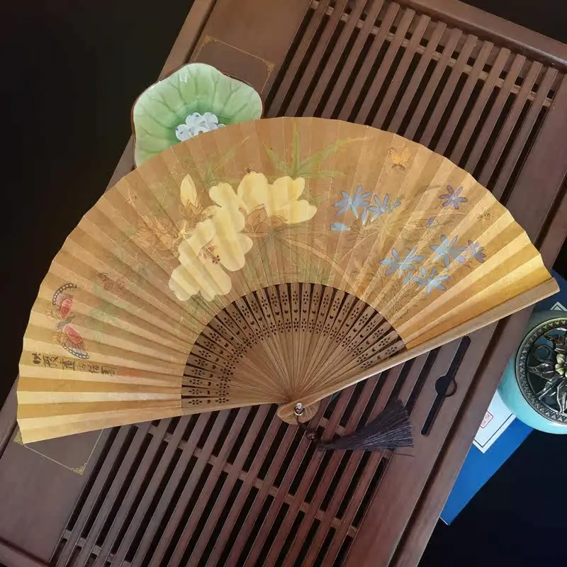 Hand Painted Paper Folding Fan Portable Summer Cooling Daily Fan for Women Hanfu Dance Performance Stage Prop Lightweight Gift