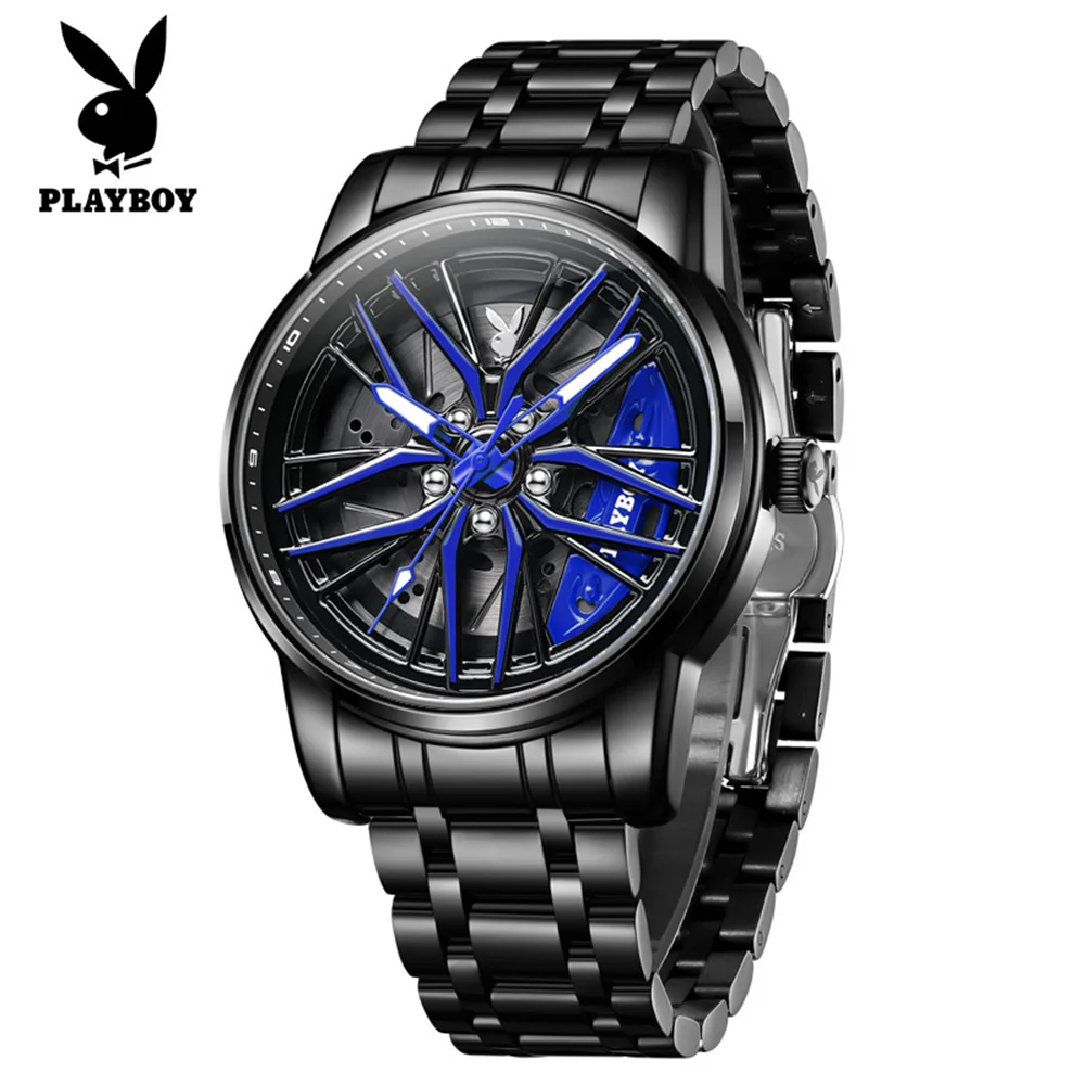 

Роскошные мужские часы PLAYBOY, кварцевые часы с колесным механизмом, водонепроницаемые светящиеся часы из нержавеющей стали, оригинальная подарочная коробка 3522