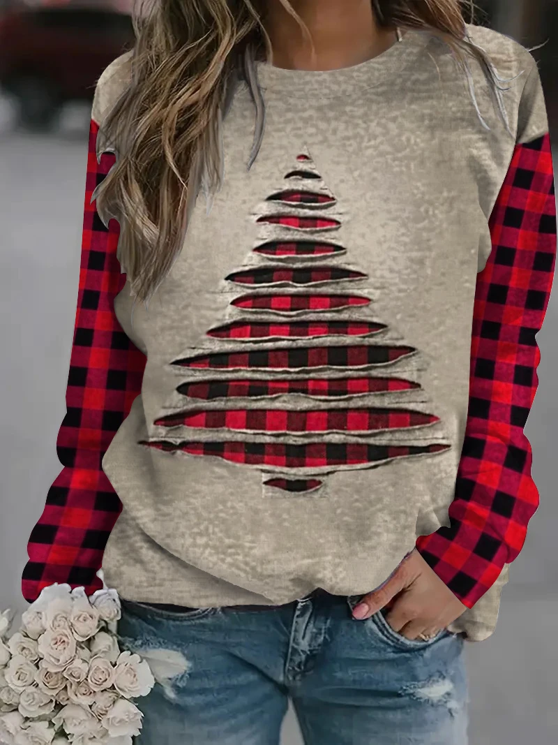 مقاس كبير - سويت شيرت نسائي بطباعة مجوفة لشجرة عيد الميلاد مقاس كبير - تصميم مرقع منقوش باللونين الأحمر والأسود #1