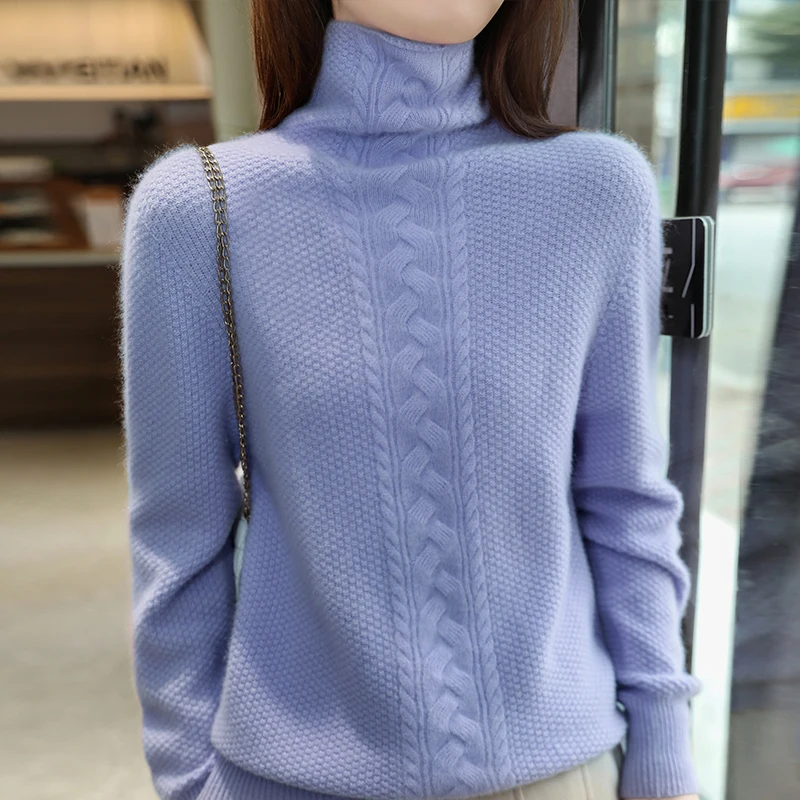 100% Wool Womens Sweaters Winter Twist Knitted Jumper Pullover Top Knitwear High-collar Sweater Female 2024