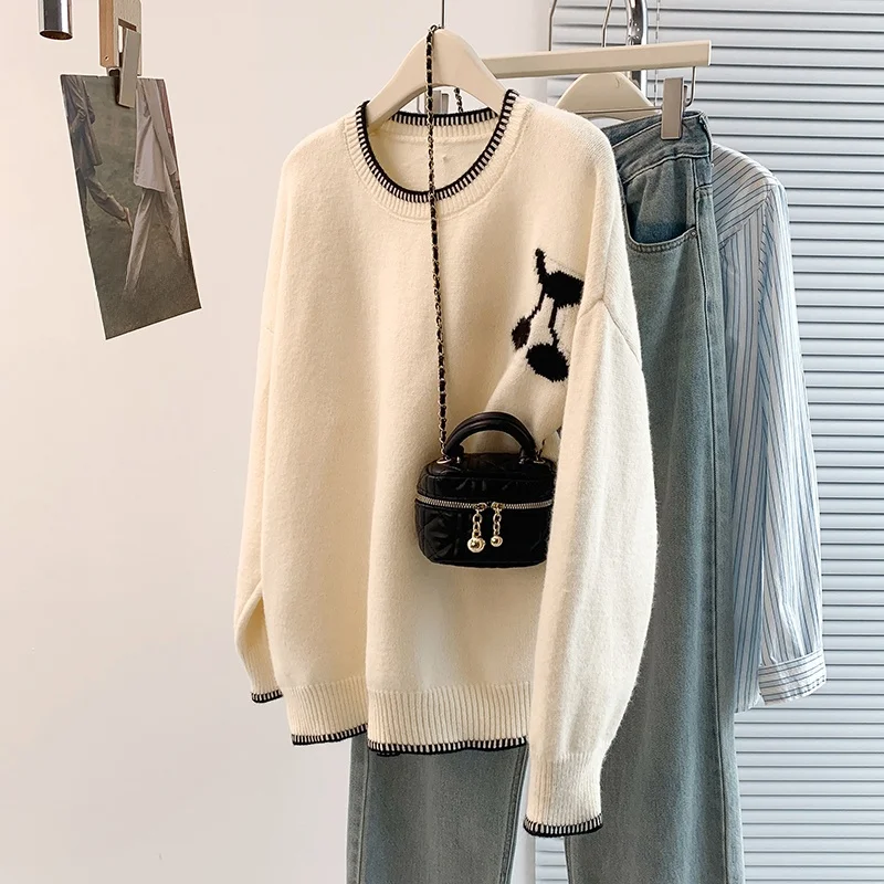 

Ladies Korean Sle Lazy Faion Cherry Pattern round Ne Pullover Base irt Sweater Coat Autumn Winter New Arrival