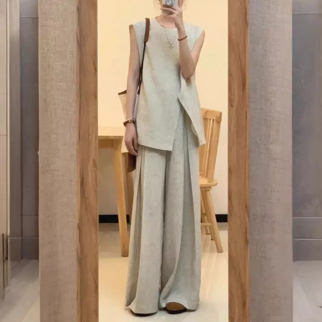 Irregular linen vest wide-leg pants suit women\'s summer high-quality temperament wear draped loose cotton and linen slim.