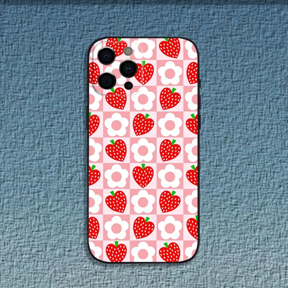 Red Strawberry Fruit Pattern Phone Case For iPhone 16,15,14,13,12,11,Pro,X,XS,Max,XR,Plus,Mini Soft Black Cover image 2