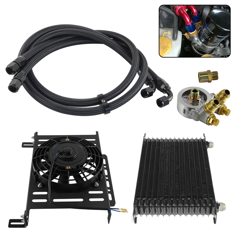 Universal 15 Row Oil Cooler 80 °C Thermostat Adapter 3/4x16UNF and M20x1.5 +7'' Electric Fan Kit AN10 Black/Blue