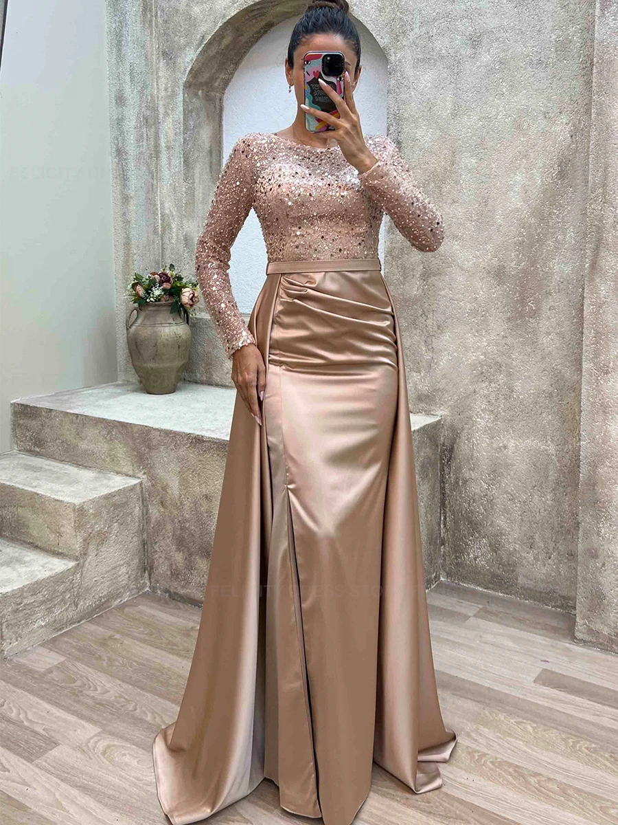 Vestido brillante para madre de la novia, traje Formal de sirena con cuello redondo, con lentejuelas de encaje, hasta el suelo, para fiesta de noche, 2023