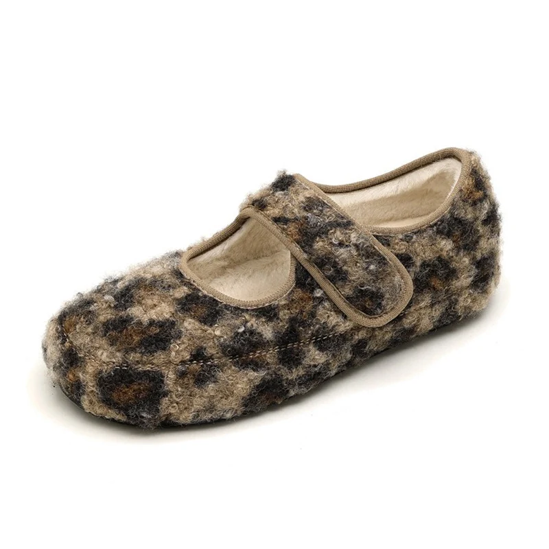 Leopard Winter Fur Shoes Women Mary Janes Warm Plush Flats Non-slip Fashion Brand Ladies Shoes Soft Big Size 42 DX766