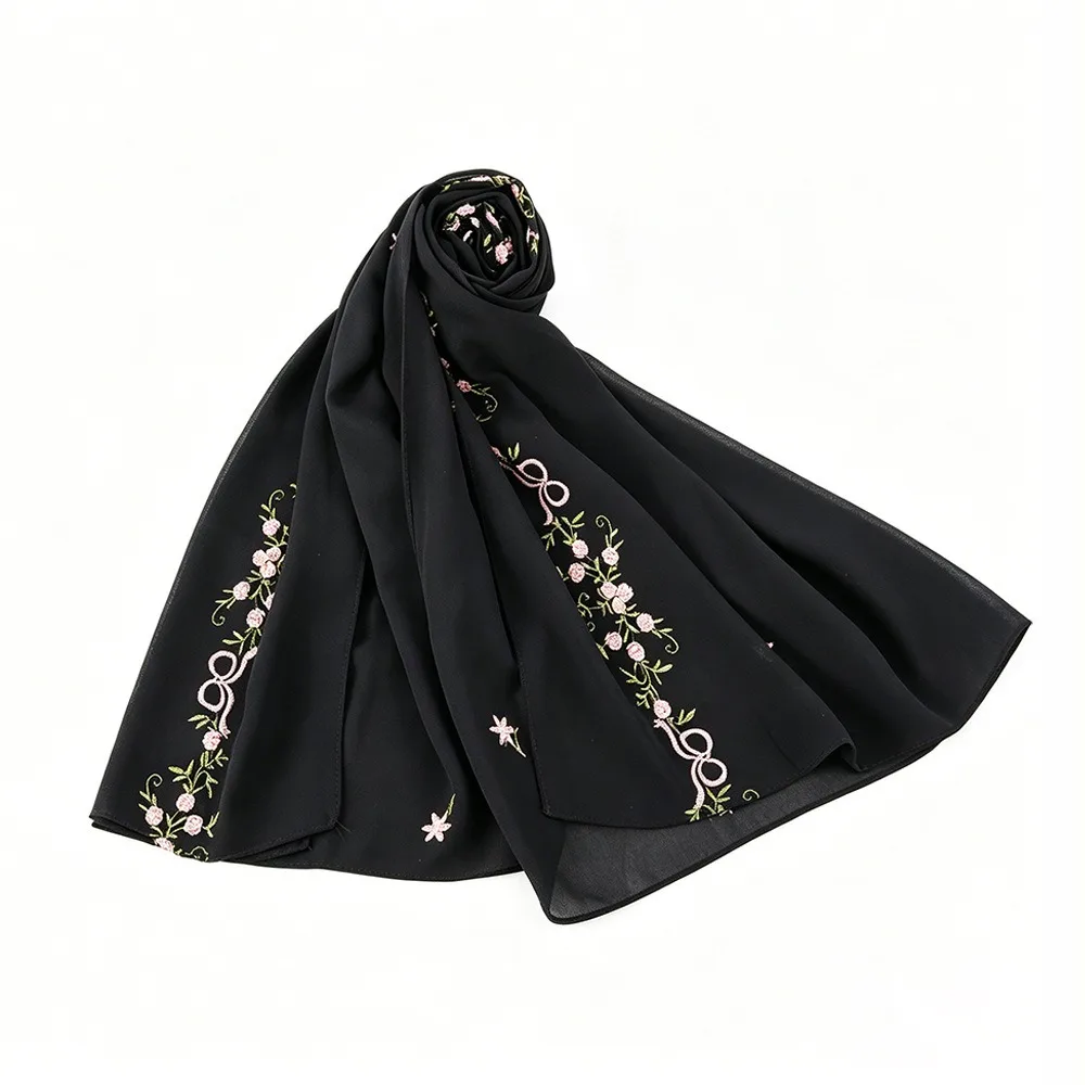 Sweet Solid Color Floral Headscarf Embroidery Mesh Thin Flower Shawl Ethnic Style Long Scarf Daily Wear
