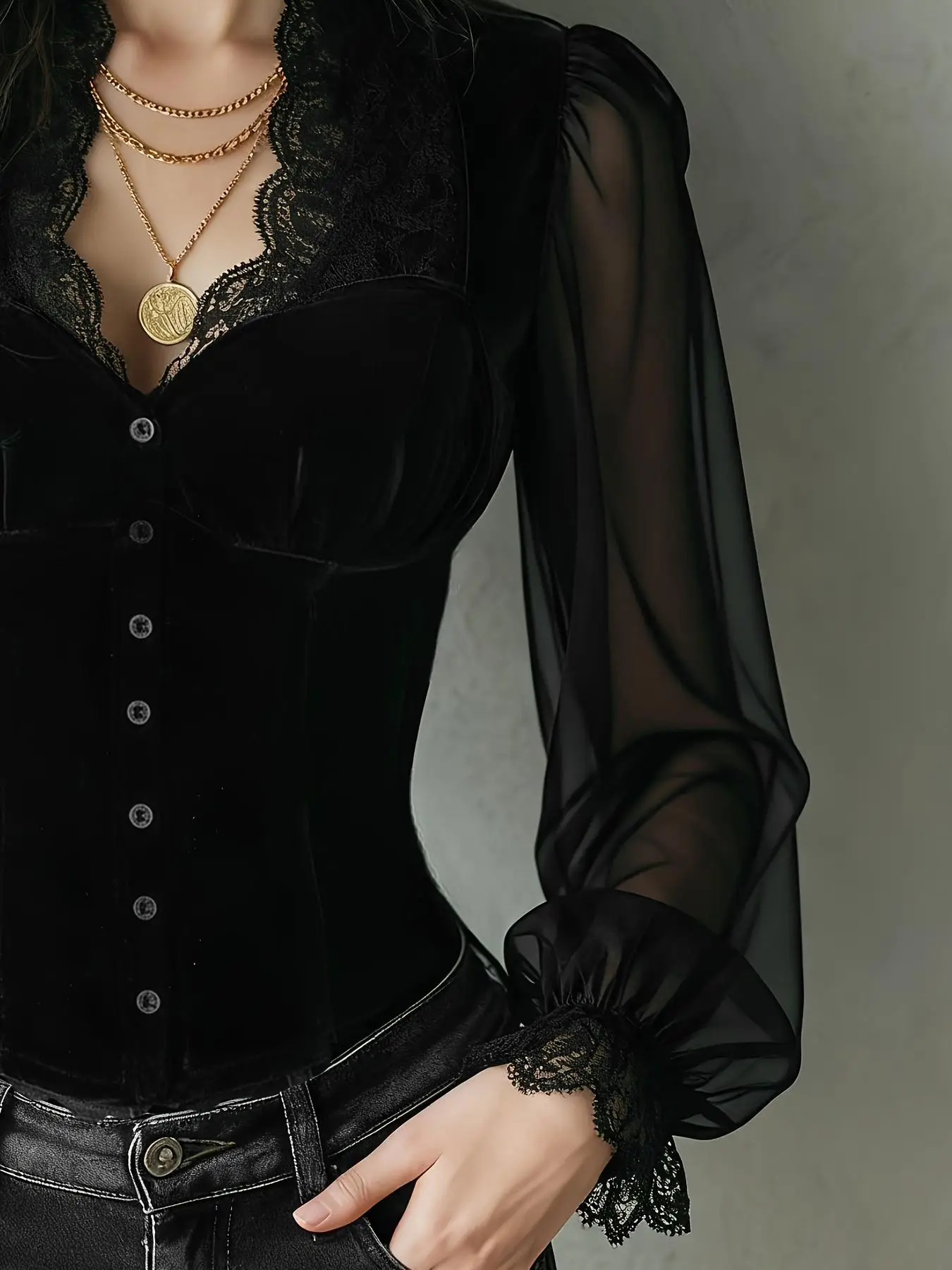 Ladies Solid Color Lace Trim Fitted Shirt Top with Button Placket Transparent Bubble Long Sleeves Lace Collar And Cuff view 3