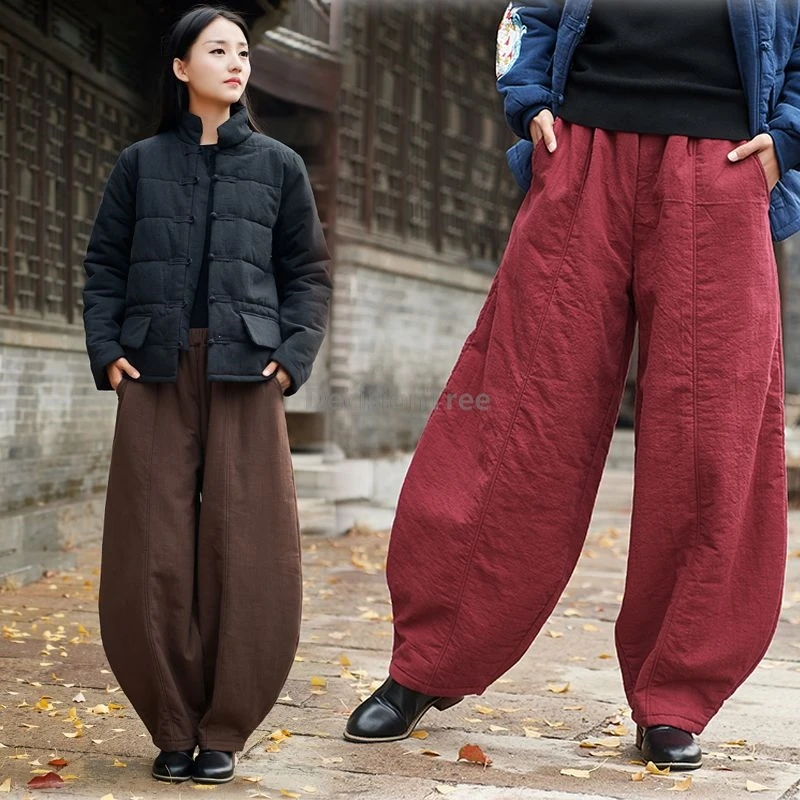 

2025 winter retro thicken cotton pants chinese ethnic style solid color zen tea pants literature art wide leg lantern trousers