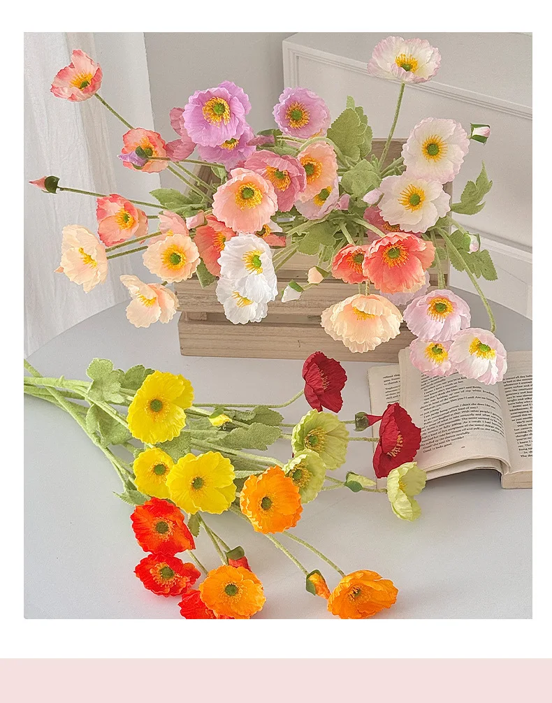 4-Köpfiger Künstlicher Mohnblumenstrauß aus Seide für Heimdekoration, Brautjungfern, Garten, Party, Hochzeit, DIY, Fotografie und Blumendekoration – Detail 5