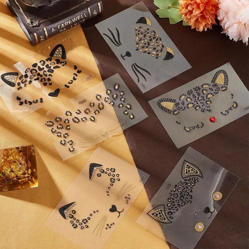 6 Sheets Crystal Cat Face Jewels 3.1x5.1 Inch Acrylic Rhinestone Stickers Temporary Leopard Tattoo Stickers Leopard Face