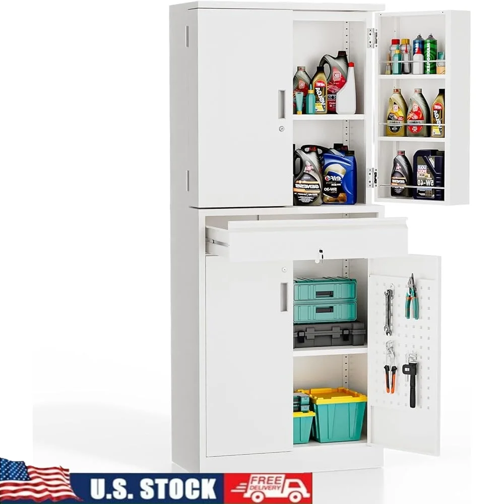 

Heavy Duty Metal Storage Cabinet with 4 Doors 1 Drawer Lockable Adjustable Shelves Pegboards Hooks Garage and Kitchen Storage