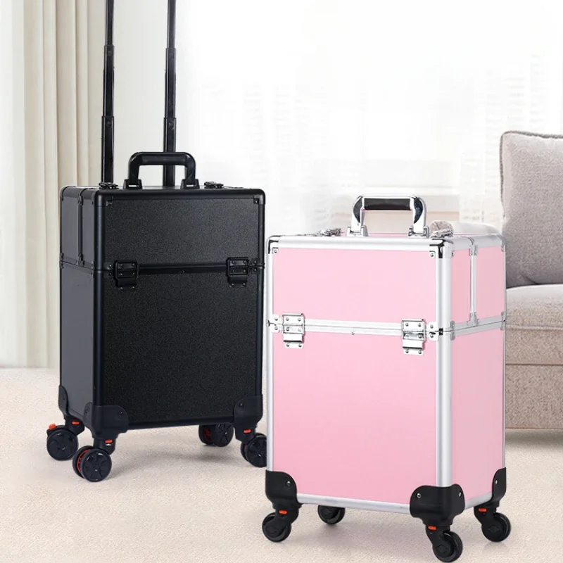 Aluminum Rolling Makeup Train Case Portable Makeup Organizer Suitcase with Locks Travel Beauty Trolley for Cosmetics Storage