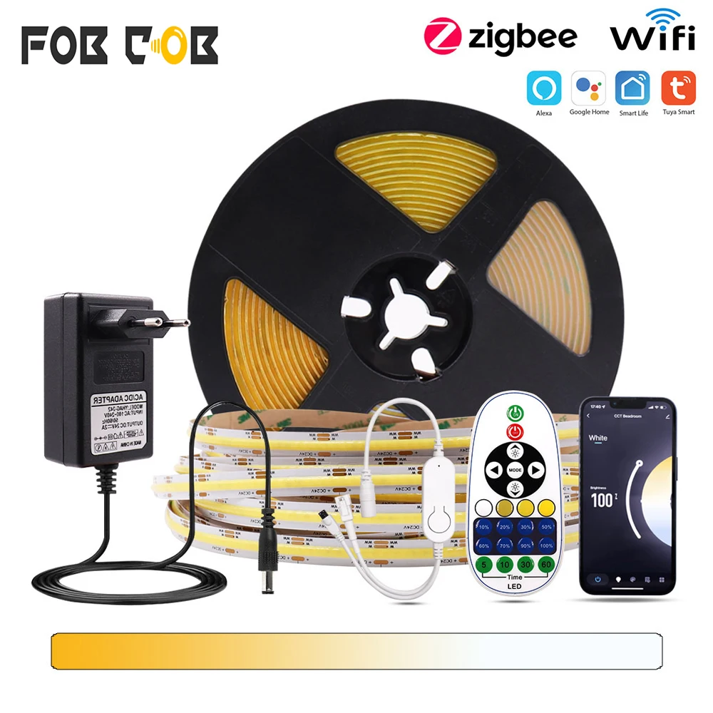 tuya zigbee kit de fita led bicolor dimmable fita flexivel suporte alexa vida inteligente wi fi cct cob mm 10 mm 27006500k 01