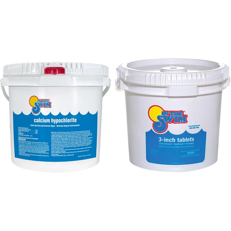 

Набор из амортизаторов и хлора для дезинфицирующих бассейнов — включает ведро на 25 фунтов из 68% ударных бассейнов Cal-Hypo