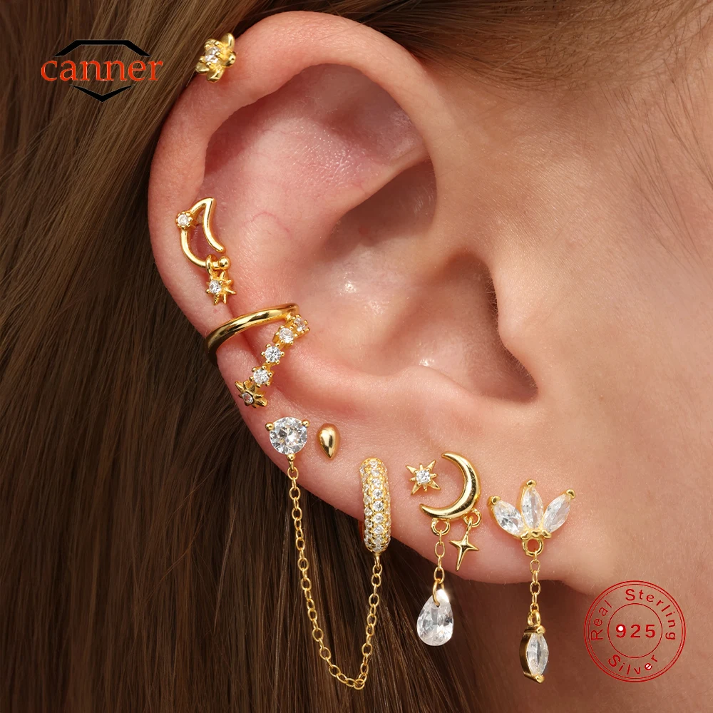 CANNER 1PC 925 Sterling Silver Eight Pointed Stars Moon Piercing Earrings For Women Ins Minimalist Horse Eye Zircon Earring Gift