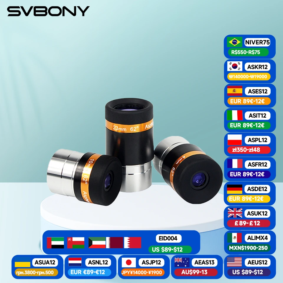 SVBONY Eyepieces 4/10/23mm Telescope Lens Wide Angle 62 Deg Aspheric Eyepiece HD Fully Coated Telescope Accessory for 1.25 inch