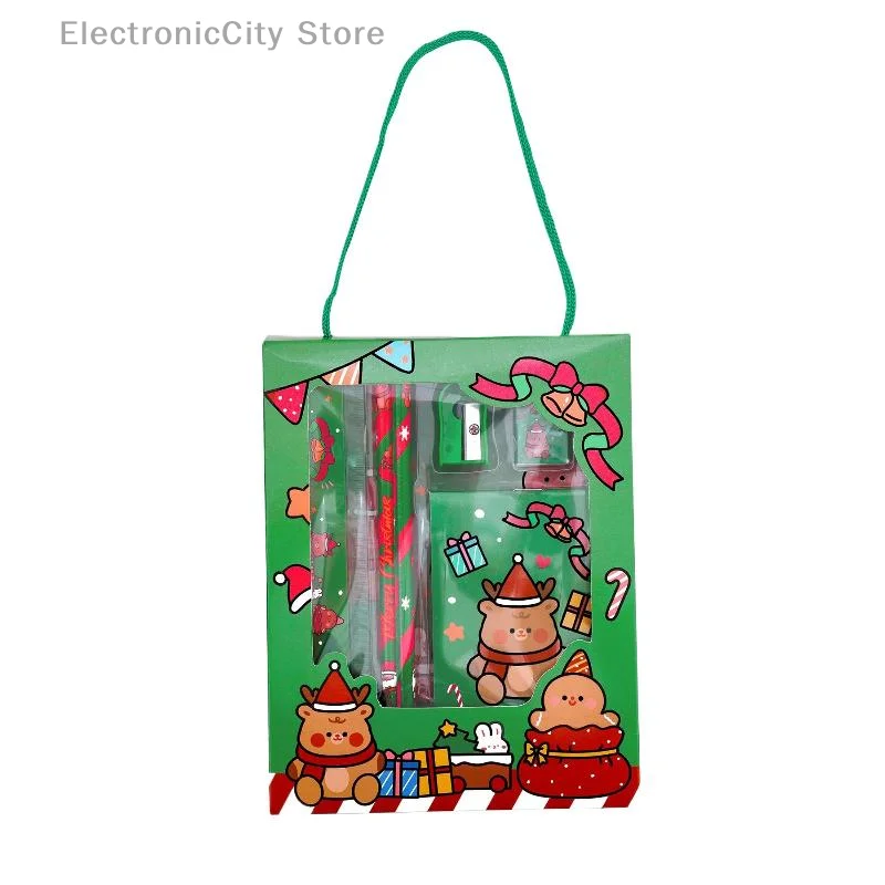 6Pcs Cartoon Christmas Pencil Sharpener Erasers Pencils Rulers Kawaii Children Stationery Set School Stationery Supplies