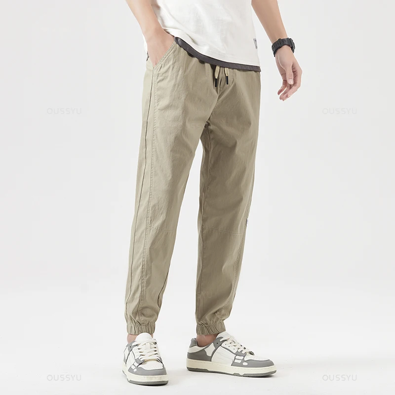 OUSSYU Brand Spring Summer Cotton Ankle Length Pants Men Thin Drawstring Cosy Korean Solid Color Lightgreen Casual Harun Trouser