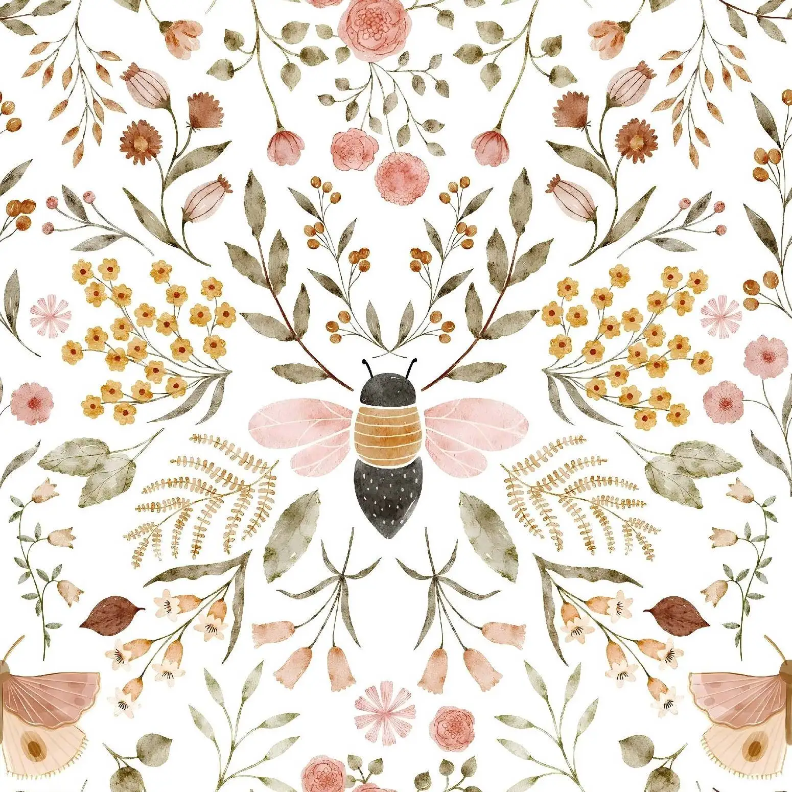 Watercolor Floral Bee Peel and Stick Wallpaper Boho Botanical Removable Waterproof Self-Adhesive Contact Paper for Bedroom