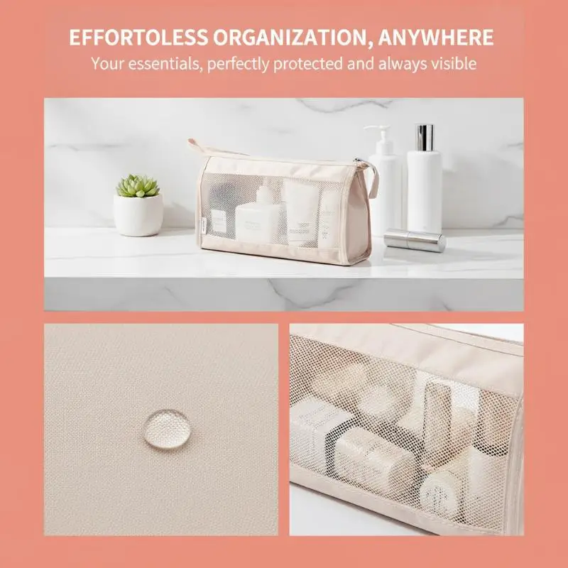 [L] Waterproof Mesh Storage Bags Clear Window Zipper Closure Perfect For Travel Toiletry Stationery Organizing