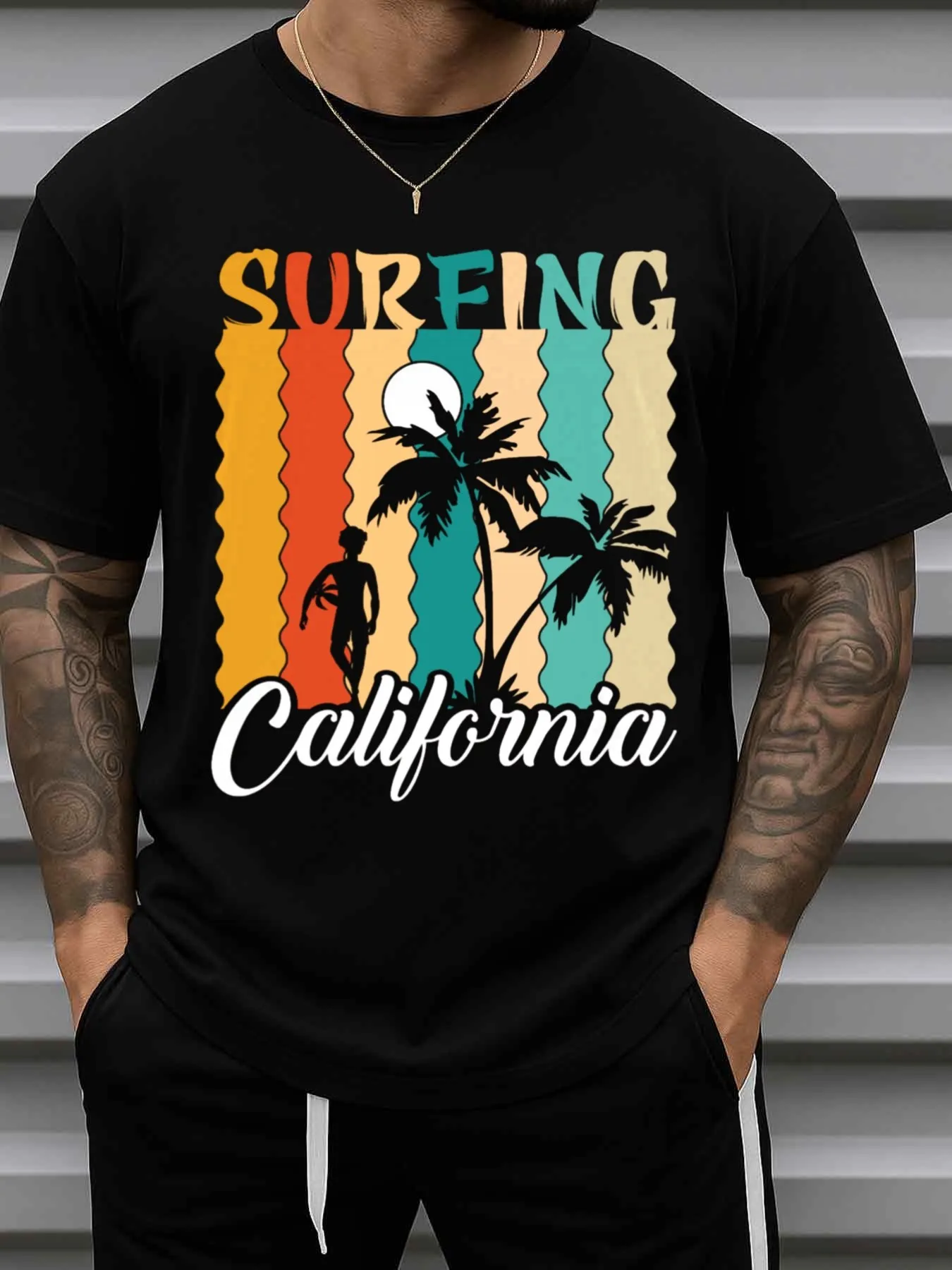 Surfing California City T-Shirt, Pure Black, Casual Round Neck, Short Sleeves, Suitable for All Seasons, Trendy and Fashionable, Perfect for Daily and Weekend Wear, Ideal Choice for Summer, Spring, Autumn, and Christmas Gifts