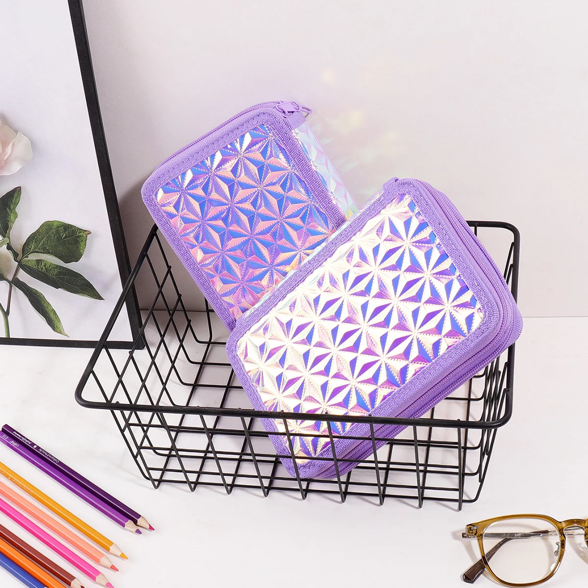 Y2K Purple Holographic Pencil Case, 2 Zipper Large Capacity Pencil Pouch for Girls Kids Back to School Supplies view 4