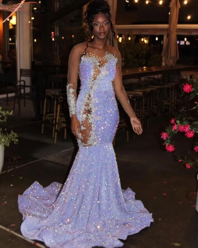 Vestido de noche de sirena púrpura lila para mujer, vestido de fiesta de cumpleaños, ilusión, manga larga, terciopelo de cristal, 2024