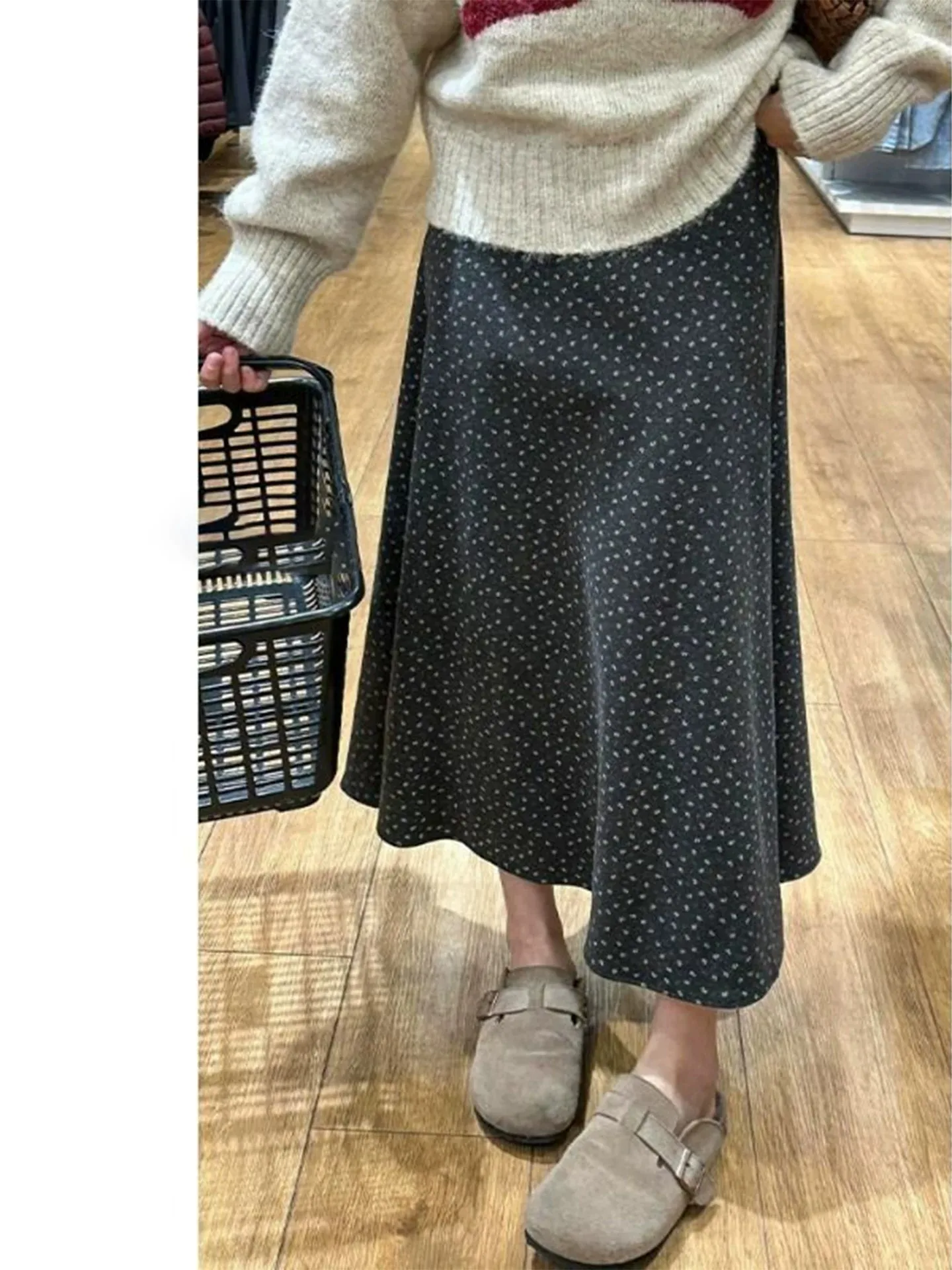 Gray Wool Floral Print Midi Skirt Women's Small Size Autumn Winter New High Waist Slim A-Line Umbrella Skirt Casual Style