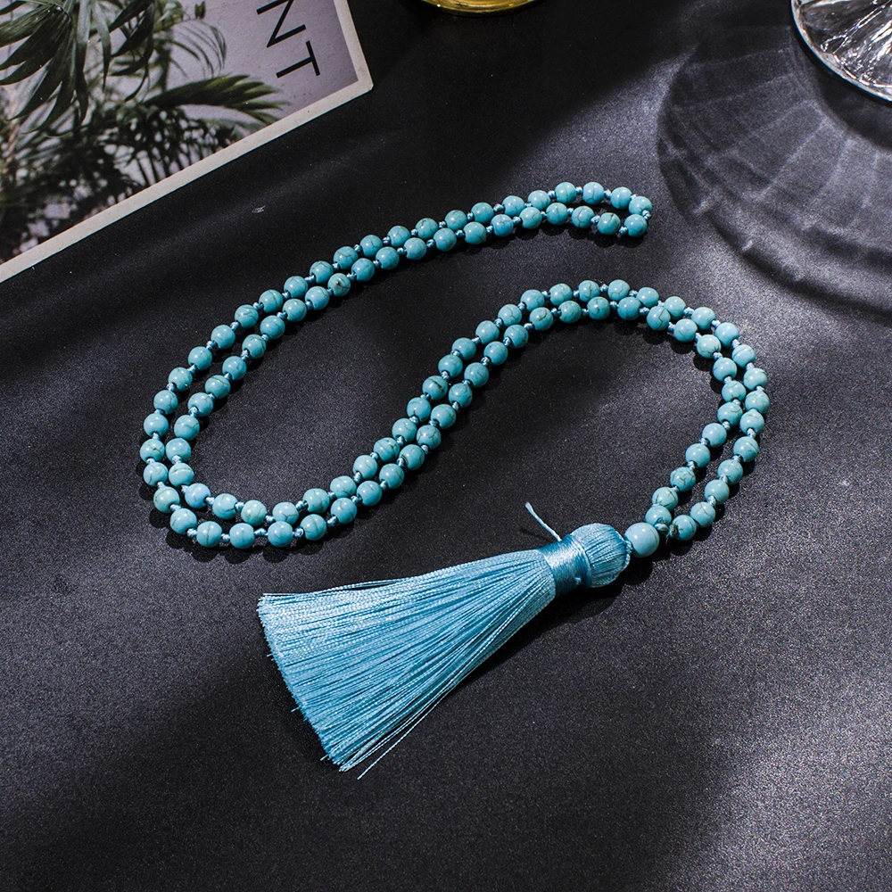 6mm Blue Turquoise Beaded Knotted 108 Mala Necklace Meditation Yoga Prayer Jewelry Japamala Rosary for Women