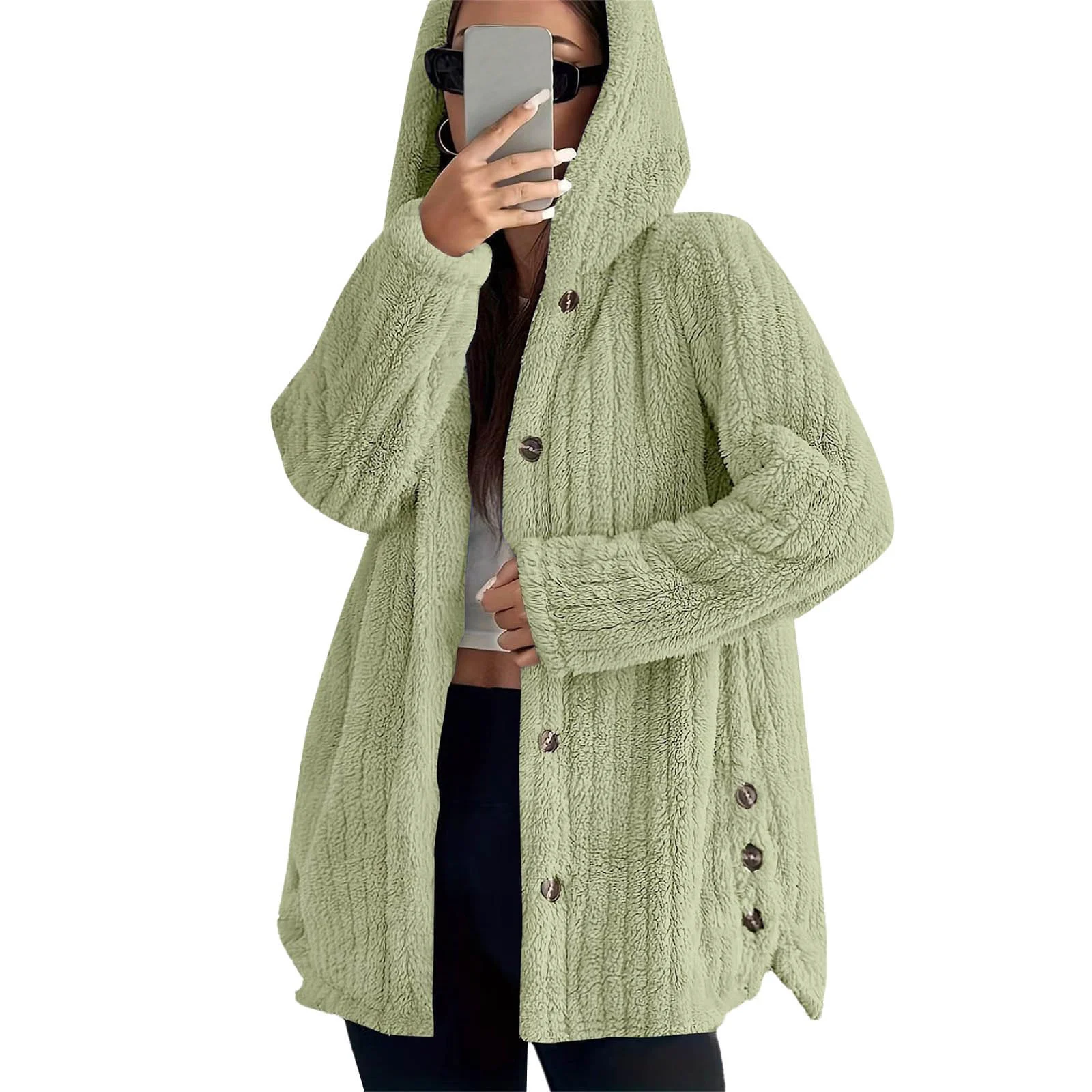 

Women's Winter Plush Hooded Jacket Fashion Outerwears Solid Color Long Sleeved Hooded Button Plush Warm Jackets Loose Coat