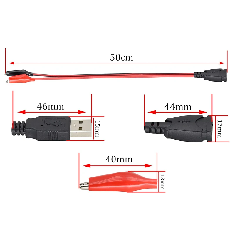 التمساح اختبار كليب المشبك إلى USB الذكور والإناث المقبس موصلات اختبار موصل موائم مصدر تيار سلك 50 سنتيمتر كابل أحمر أسود