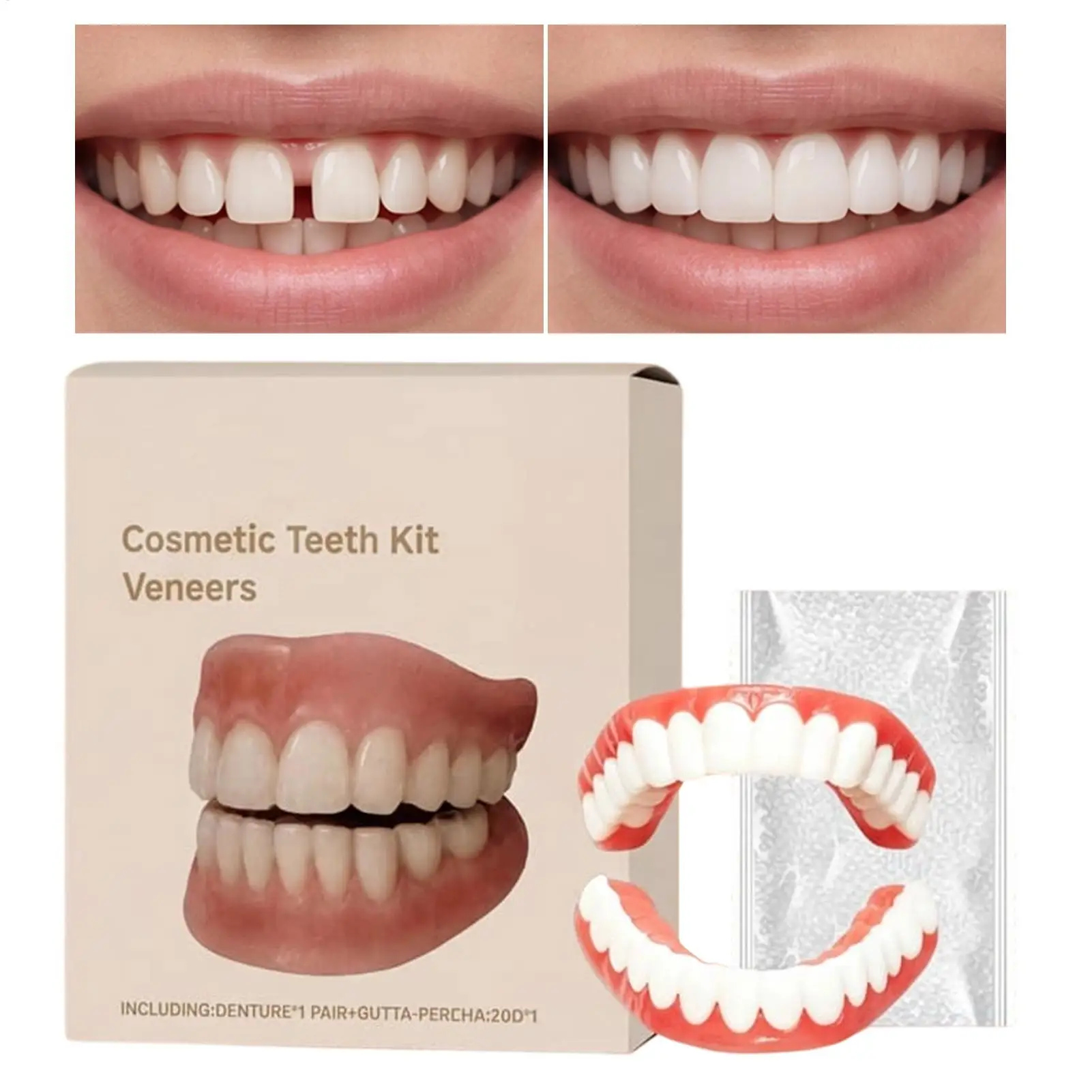 Simulated Temporary Cosmetic Denture Kit, Veneer Appliance,Natural Invisible Contour Design,Gap Missing Tooth Modification