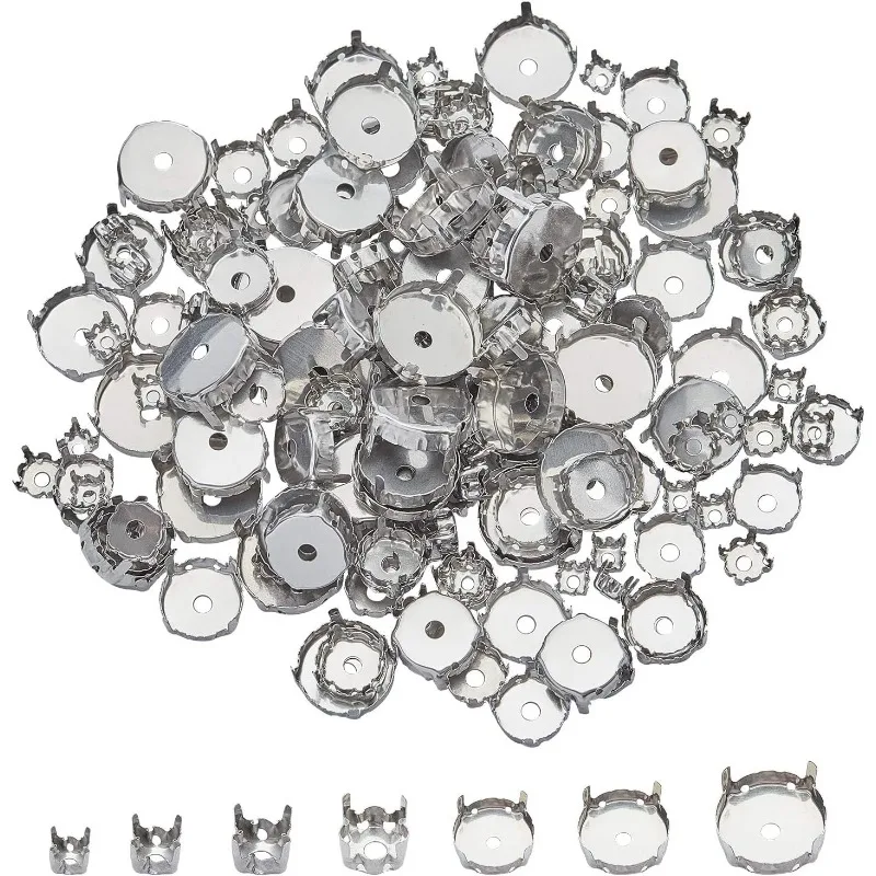 

7 Sizes About 350pcs 6/8/10/12/14/16/18mm Stainless Steel Rhinestone Claw Settings Flat Round Empty Claw Set for Rhinestone